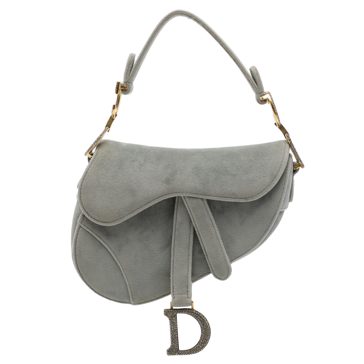Dior Mini Velvet Crystal Embellished Hardware Saddle Bag — Gray