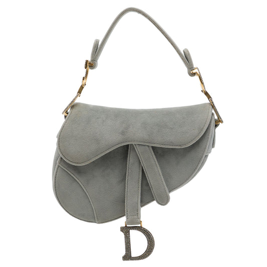 Dior Mini Velvet Crystal Embellished Hardware Saddle Bag — Gray