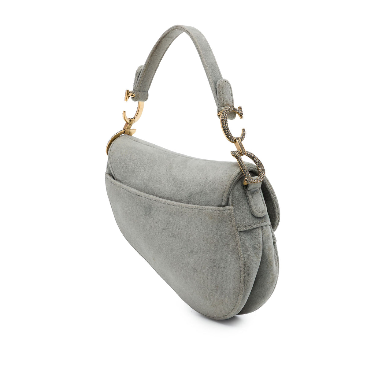 Dior Mini Velvet Crystal Embellished Hardware Saddle Bag — Gray