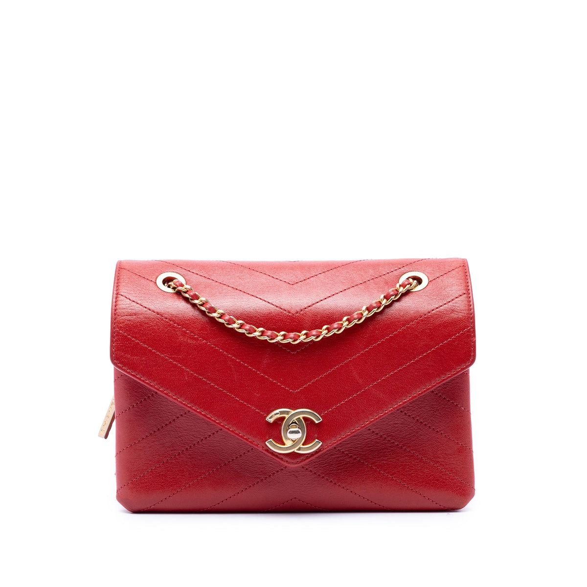 Chanel Small Chevron Lambskin Stitched Envelope Flap — Red