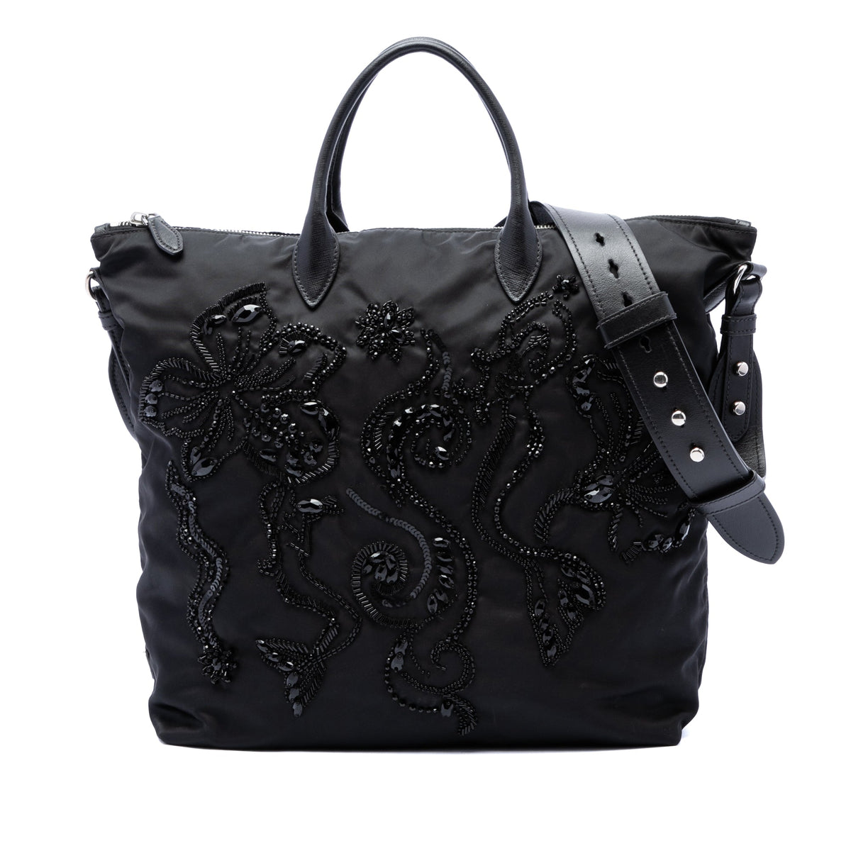 Prada Beaded Tessuto Floral Applique Convertible Tote — Black