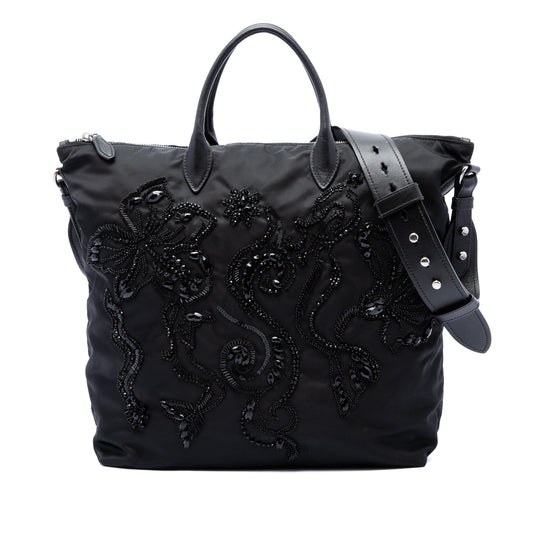 Prada Beaded Tessuto Floral Applique Convertible Tote — Black