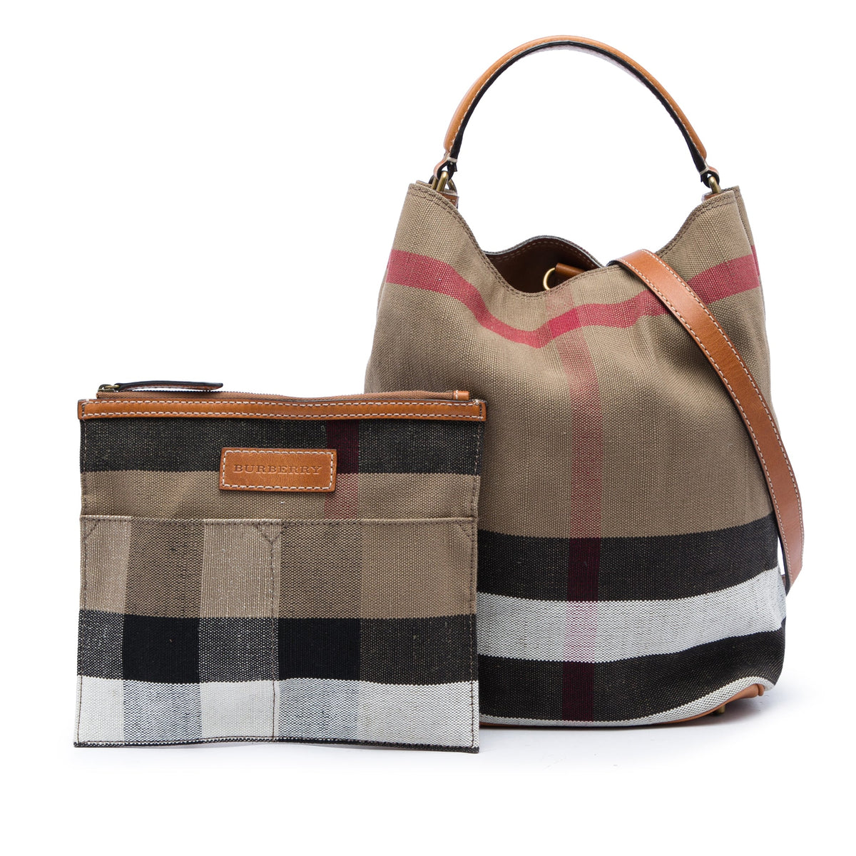 Burberry Medium Mega Check Canvas Ashby Bucket Bag — Brown