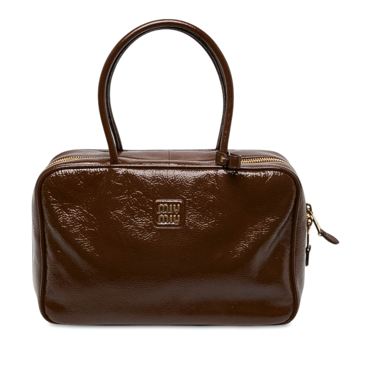 Miu Miu Large Naplak Patent Logo Beau Handbag — Brown