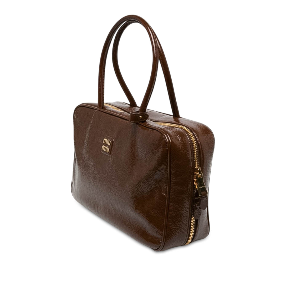 Miu Miu Large Naplak Patent Logo Beau Handbag — Brown