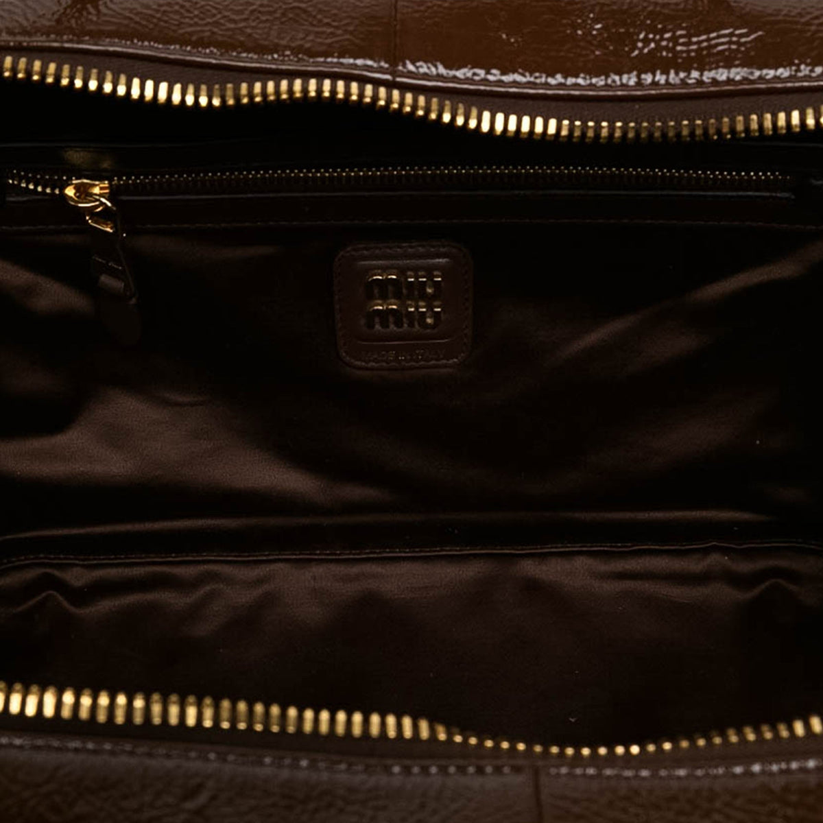 Miu Miu Large Naplak Patent Logo Beau Handbag — Brown