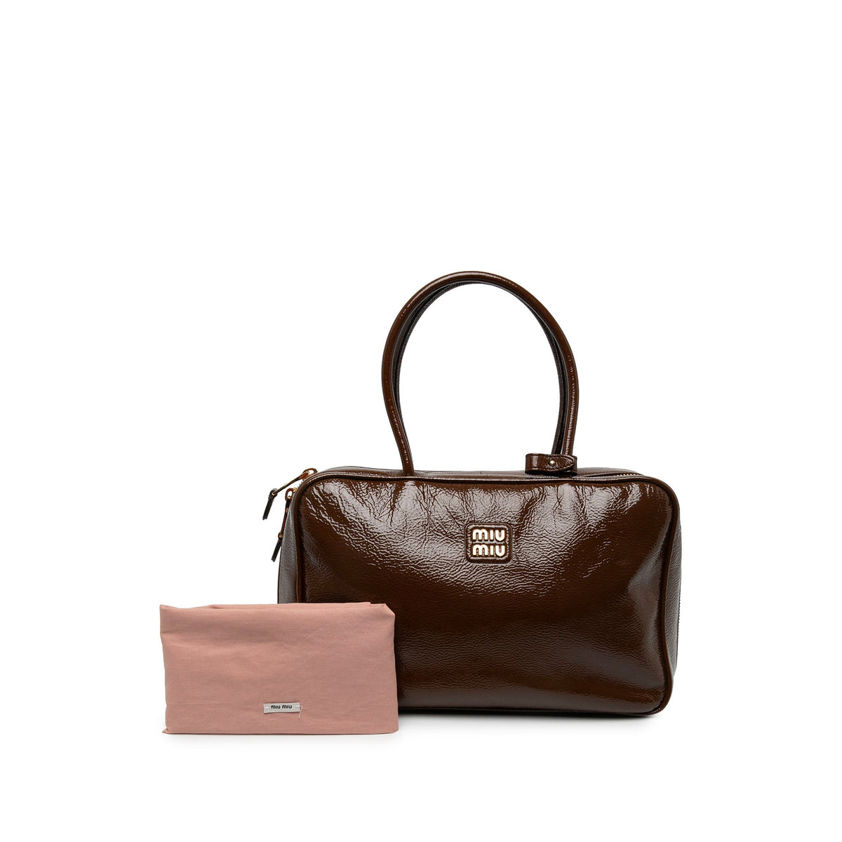 Miu Miu Large Naplak Patent Logo Beau Handbag — Brown