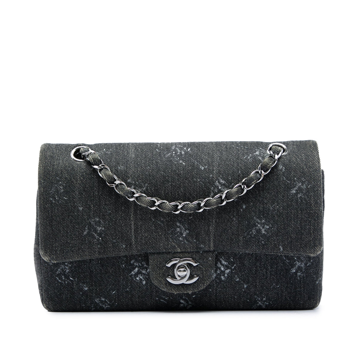Chanel Medium Classic Printed Denim Double Flap — Black