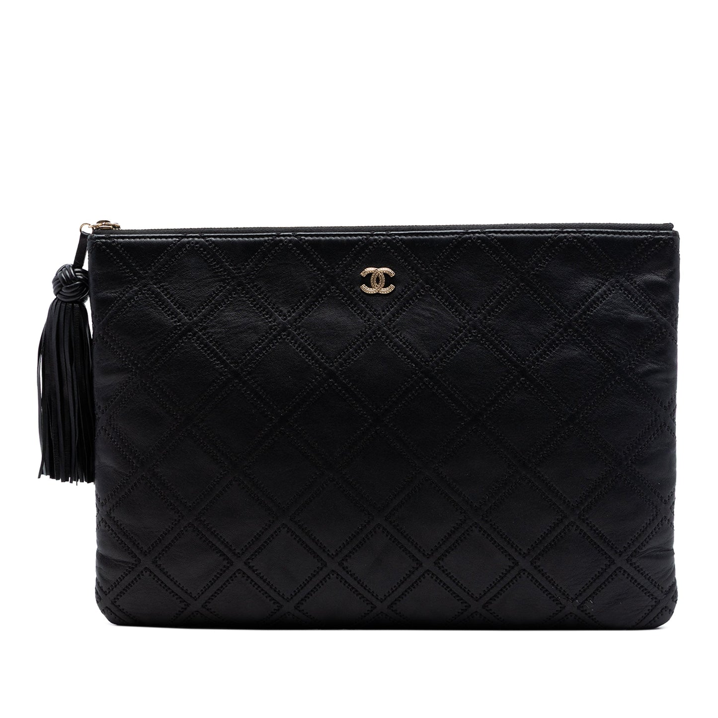 Chanel Large Quilted Lambskin Double Stitch Tassel O Case Clutch