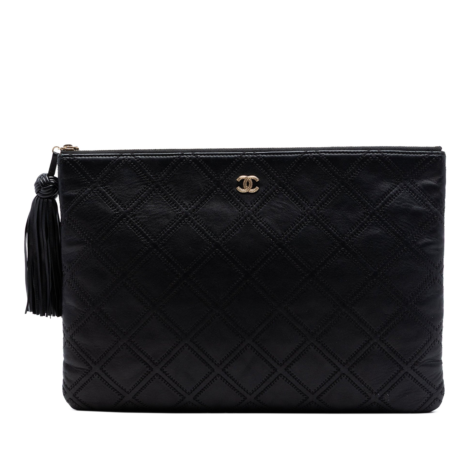 Chanel Large Quilted Lambskin Double Stitch Tassel O Case Clutch
