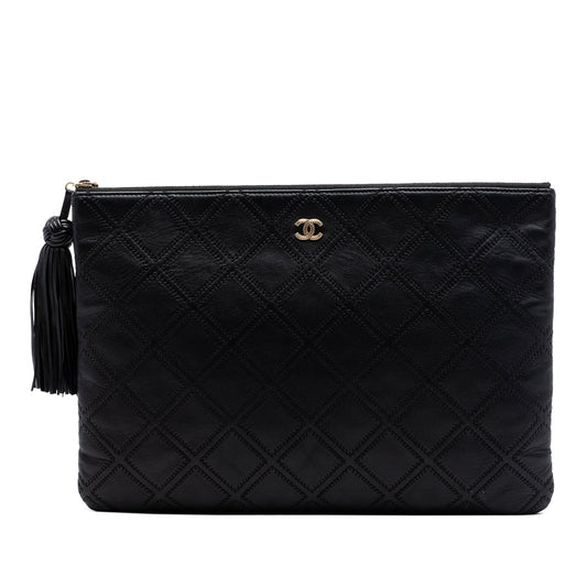 Chanel Large Quilted Lambskin Double Stitch Tassel O Case Clutch