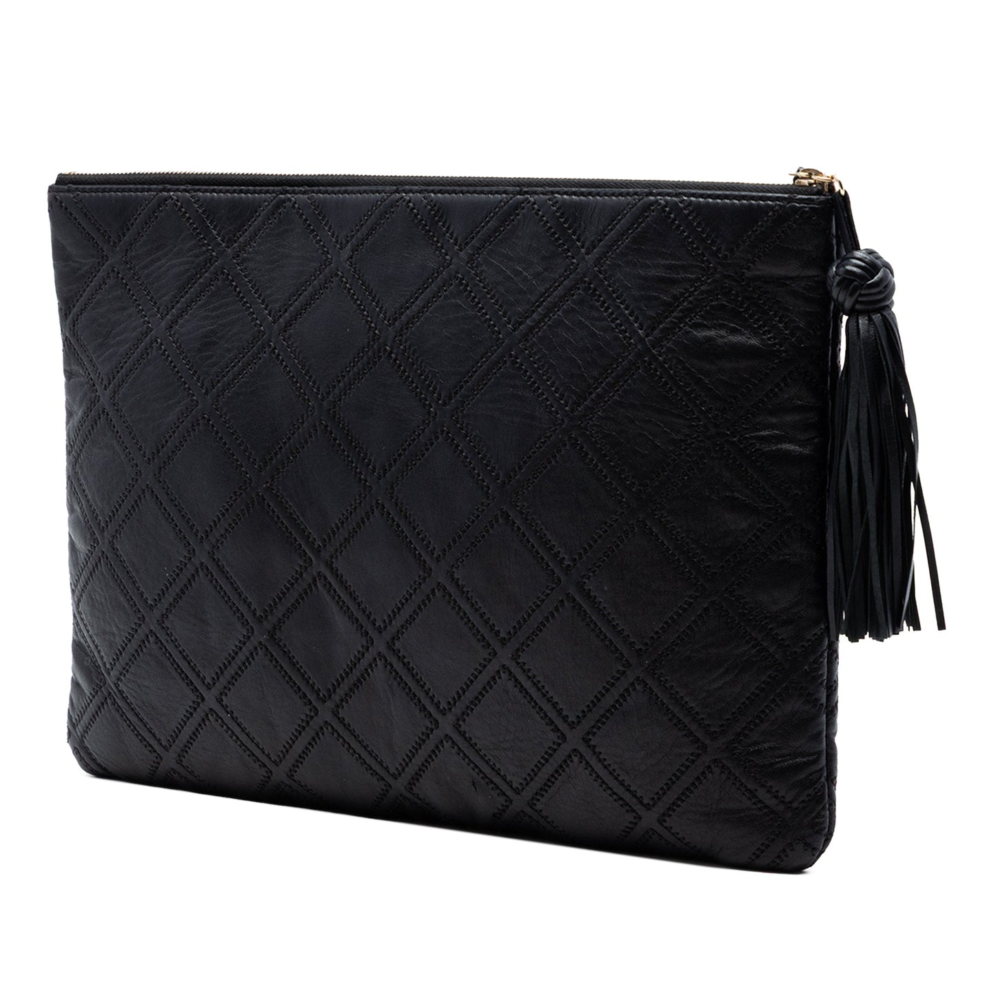 Chanel Large Quilted Lambskin Double Stitch Tassel O Case Clutch