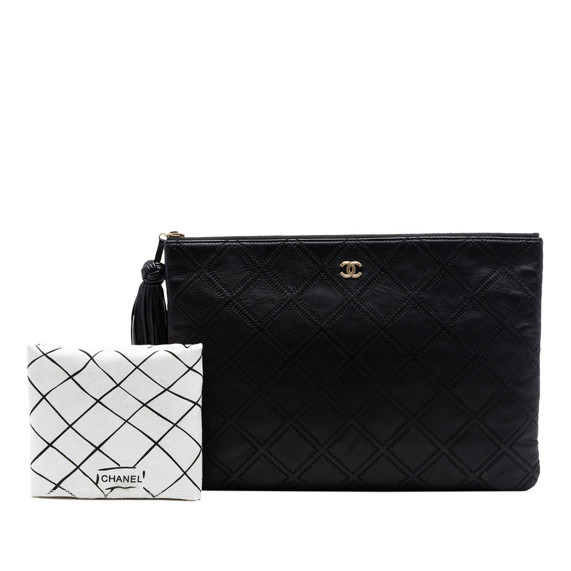 Chanel Large Quilted Lambskin Double Stitch Tassel O Case Clutch