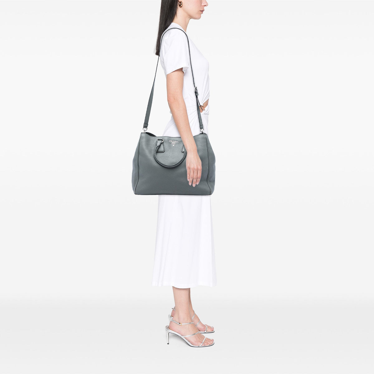 Prada Vitello Daino Open Convertible Tote — Gray