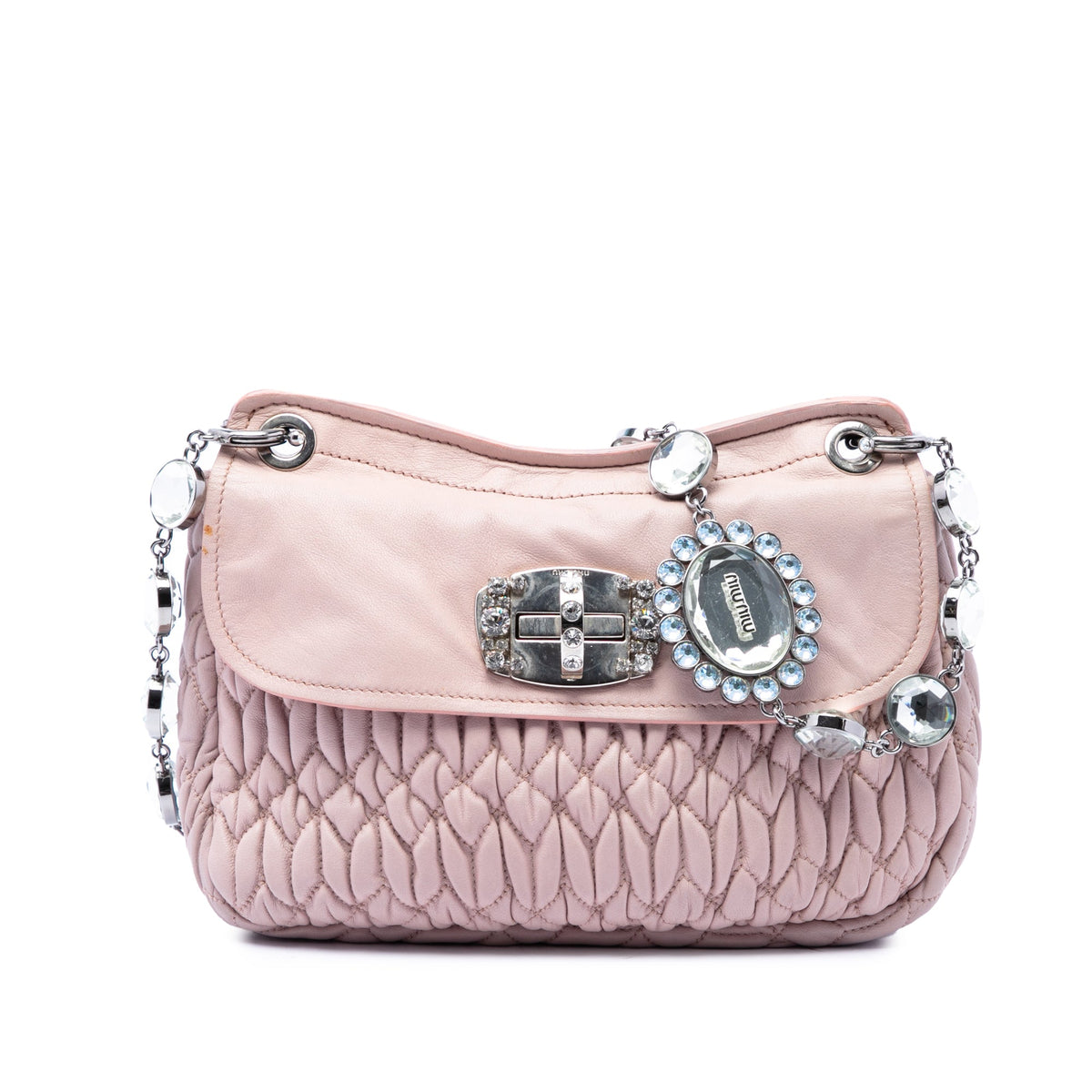 Miu Miu Matelasse Nappa Crystal Chain Crossbody — Pink
