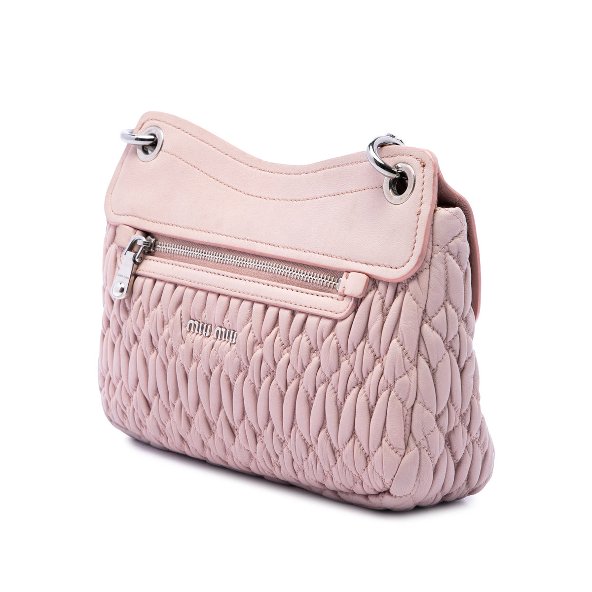 Miu Miu Matelasse Nappa Crystal Chain Crossbody — Pink