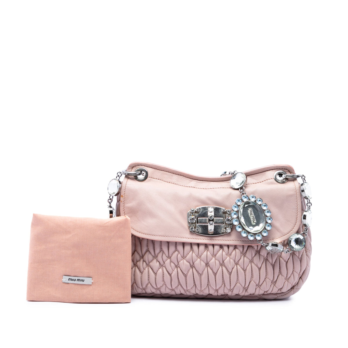 Miu Miu Matelasse Nappa Crystal Chain Crossbody — Pink