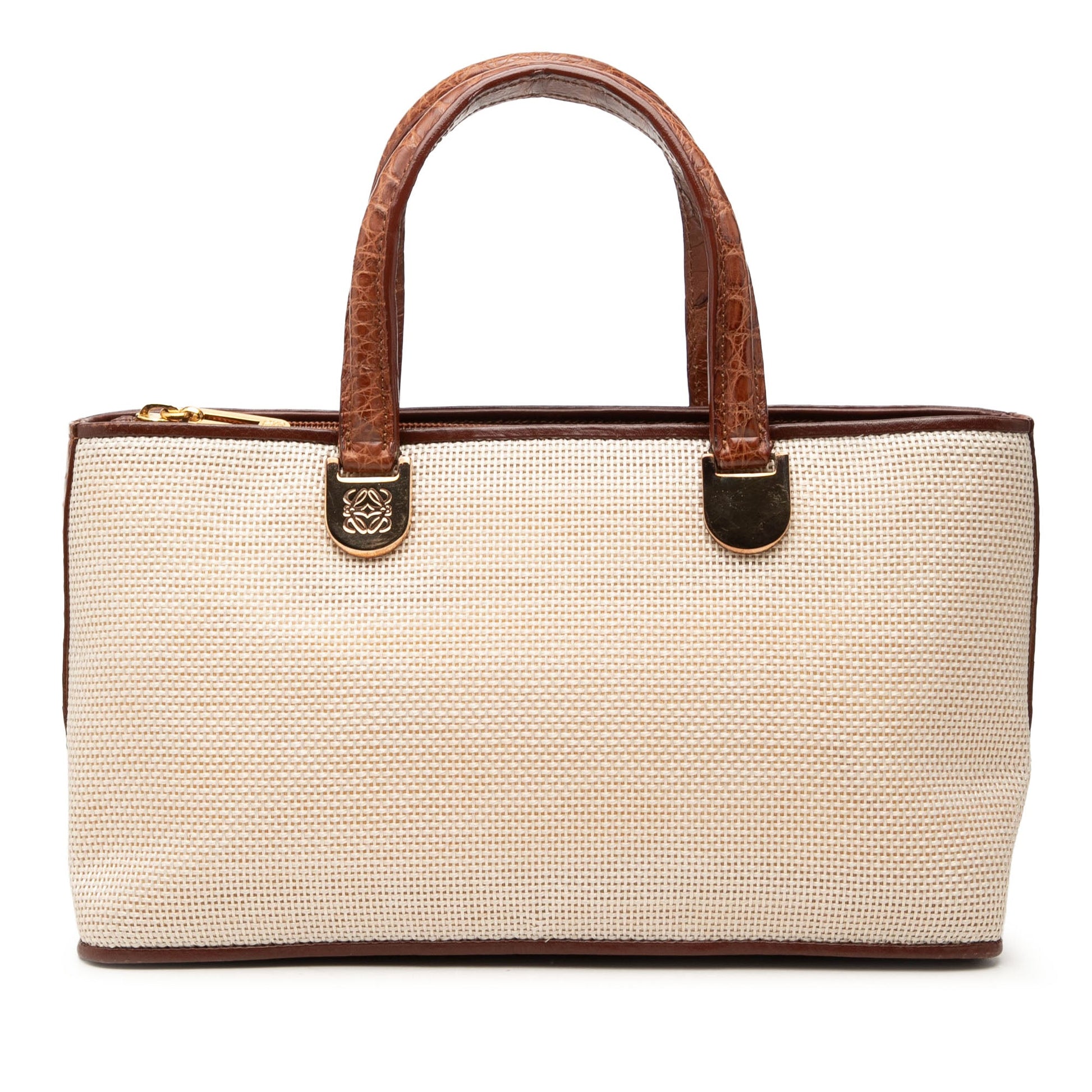 LOEWE Croc Embossed Leather Trimmed Mesh Anagram Satchel