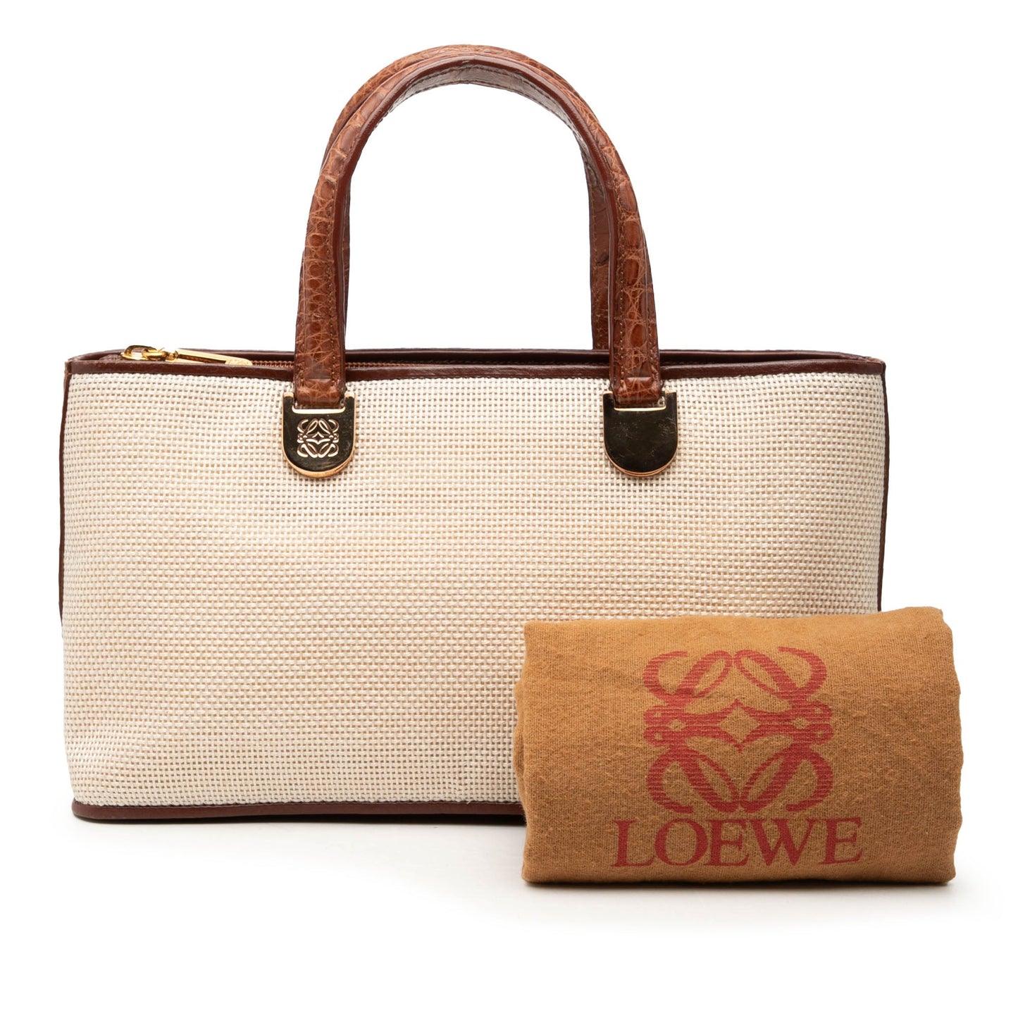 LOEWE Croc Embossed Leather Trimmed Mesh Anagram Satchel