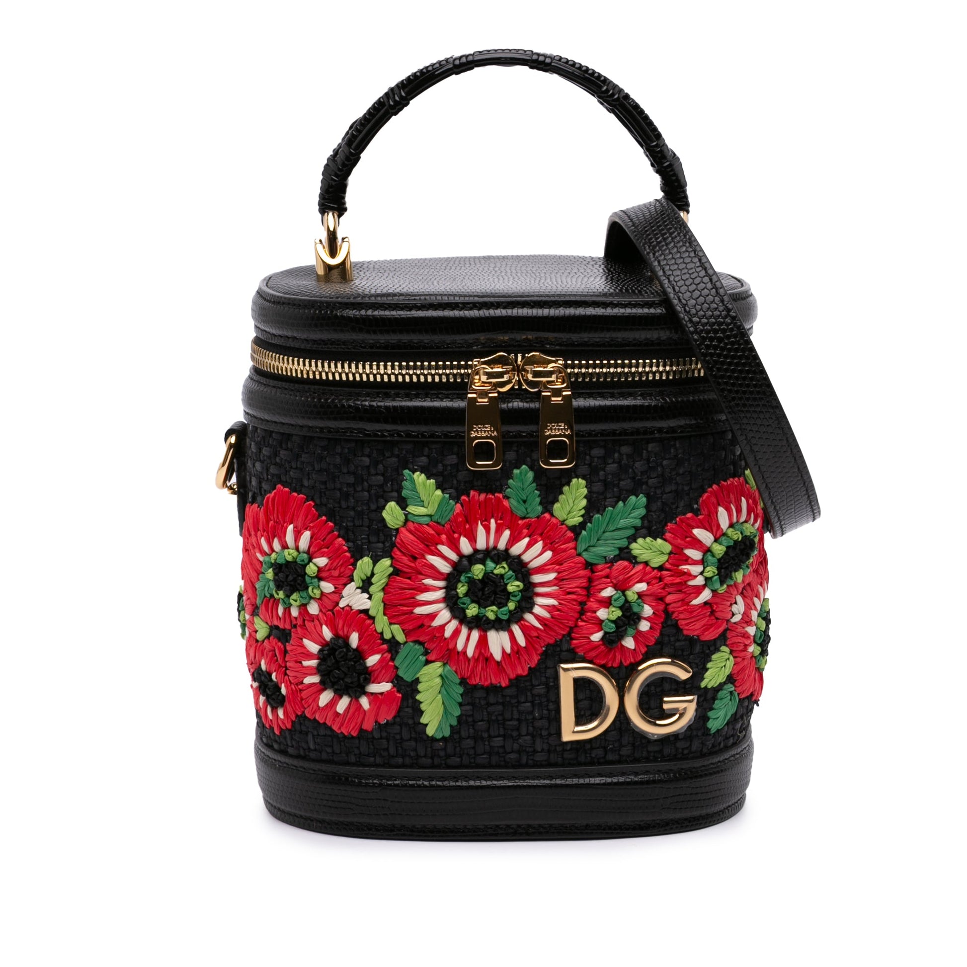 Dolce & Gabbana Floral Embroidered Raffia and Lizard Embossed Calfskin DG Girls Vanity Bag
