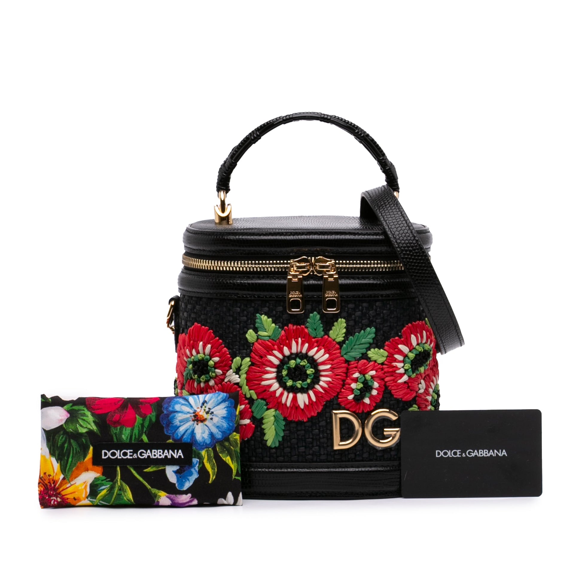 Dolce & Gabbana Floral Embroidered Raffia and Lizard Embossed Calfskin DG Girls Vanity Bag