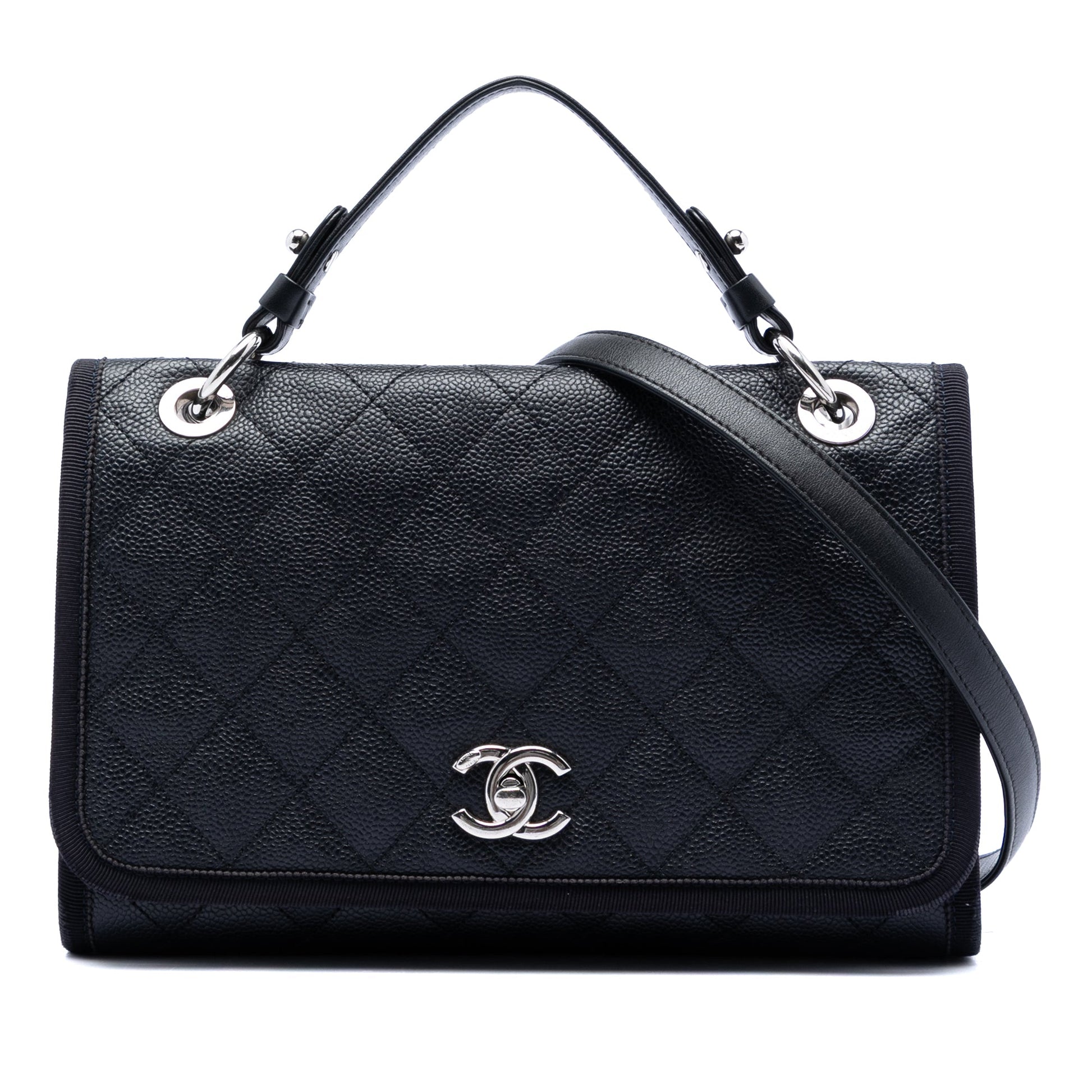 Chanel CC Bicolor Quilted Caviar and Grosgrain Top Handle Flap