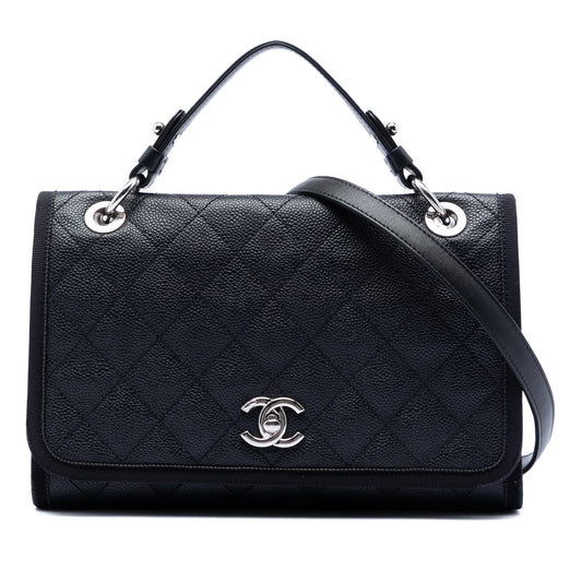Chanel CC Bicolor Quilted Caviar and Grosgrain Top Handle Flap