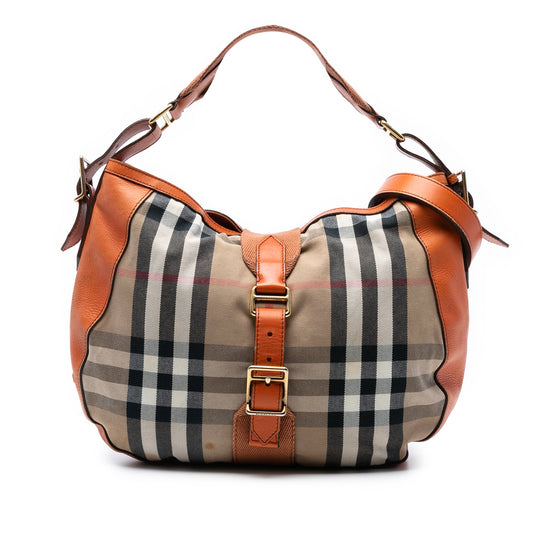 Burberry Medium House Check Canvas Ashwood Hobo
