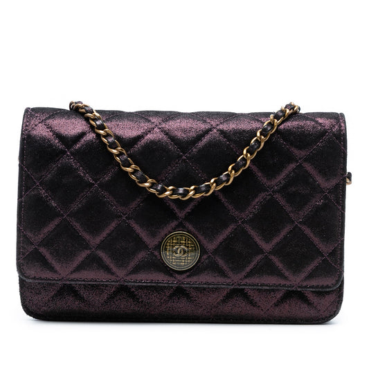 Chanel Quilted Iridescent Lambskin Tartan Button Wallet On Chain
