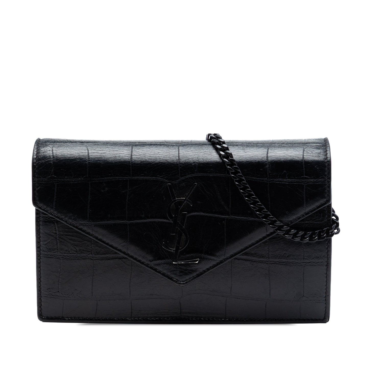 Saint Laurent Croc Embossed Leather Monogram Monochrome Envelope Chain Wallet