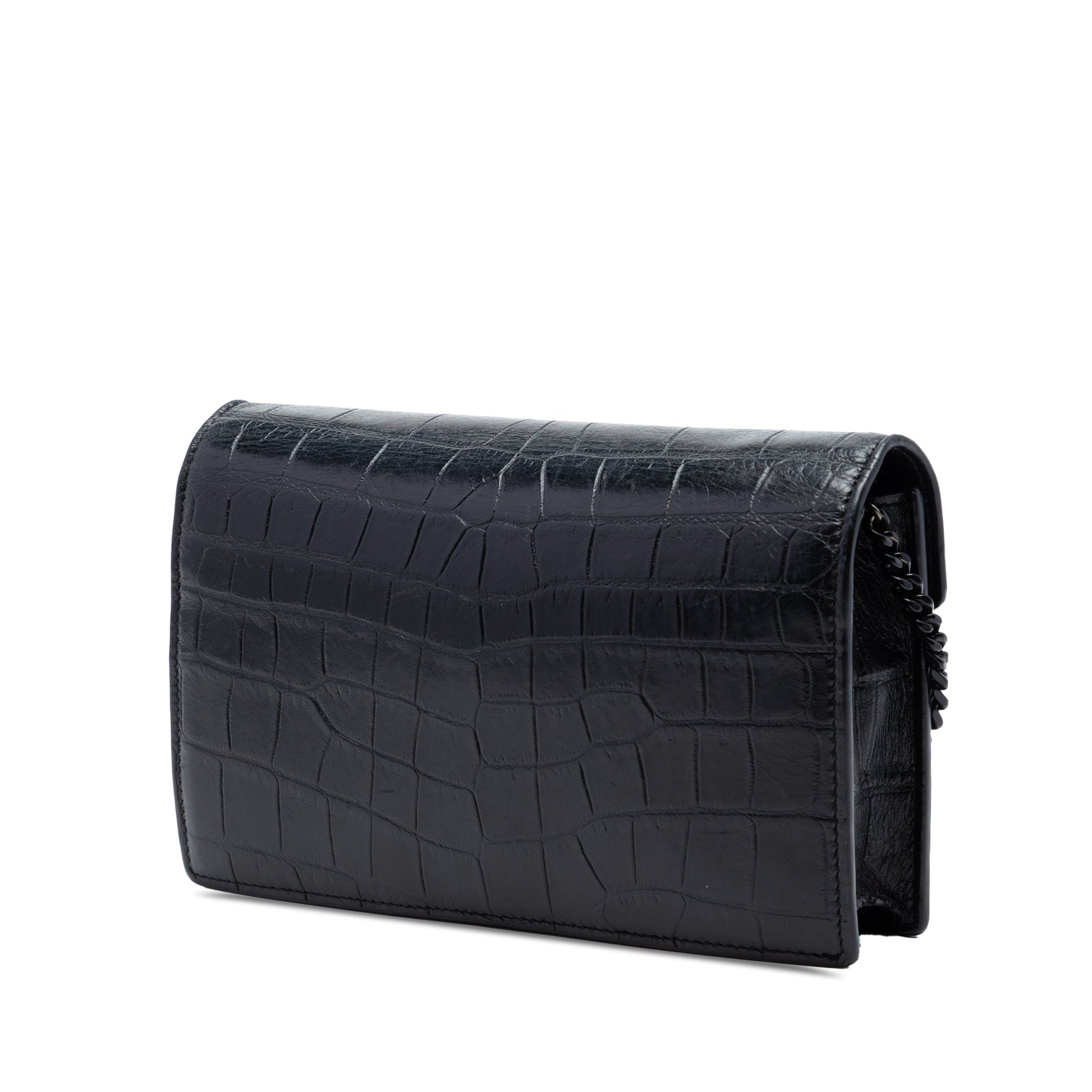 Saint Laurent Croc Embossed Leather Monogram Monochrome Envelope Chain Wallet