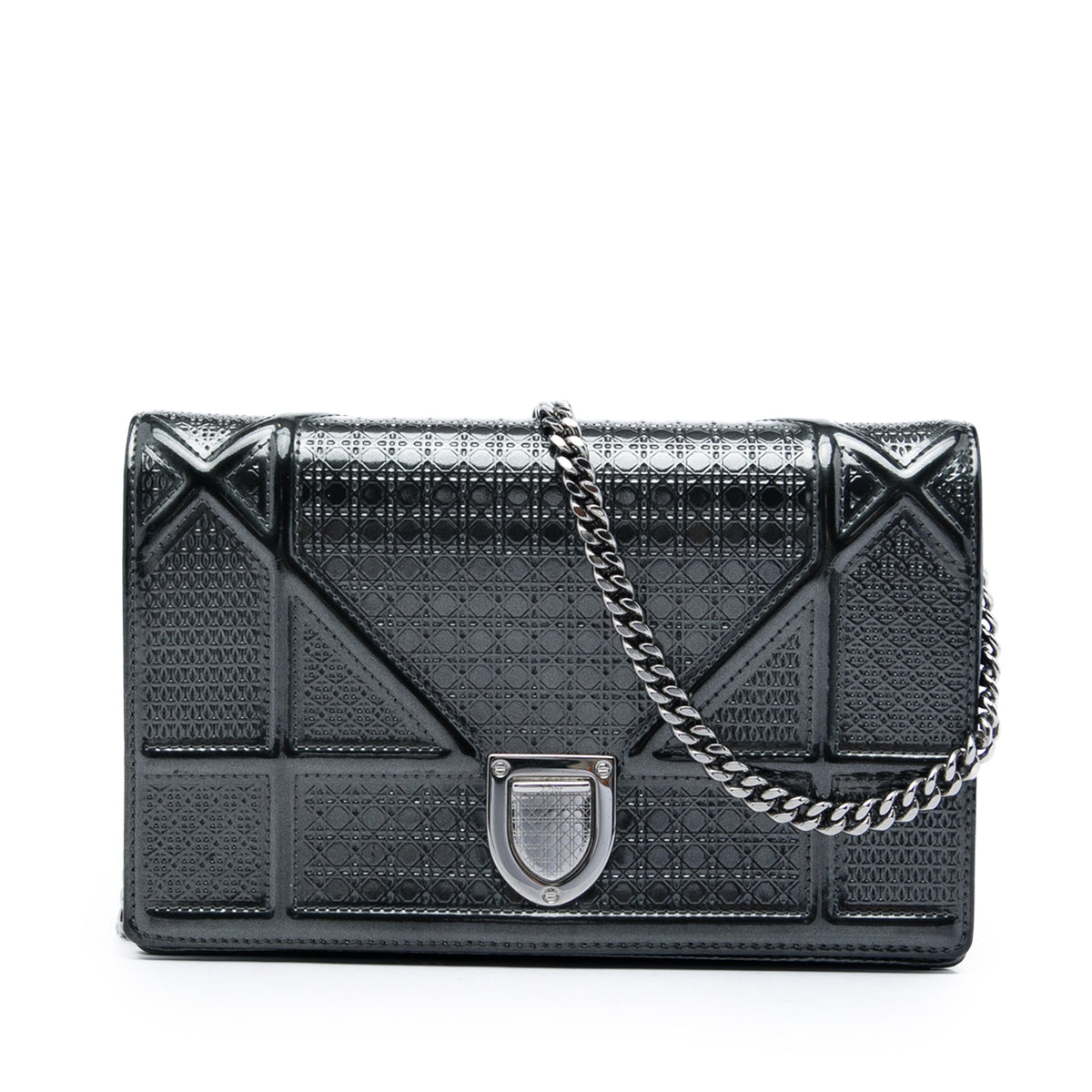Dior Metallic Patent Microcannage Diorama Wallet on Chain — Black