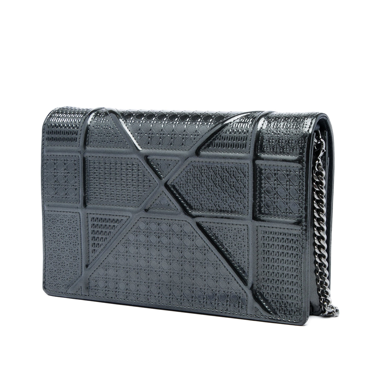 Dior Metallic Patent Microcannage Diorama Wallet on Chain — Black