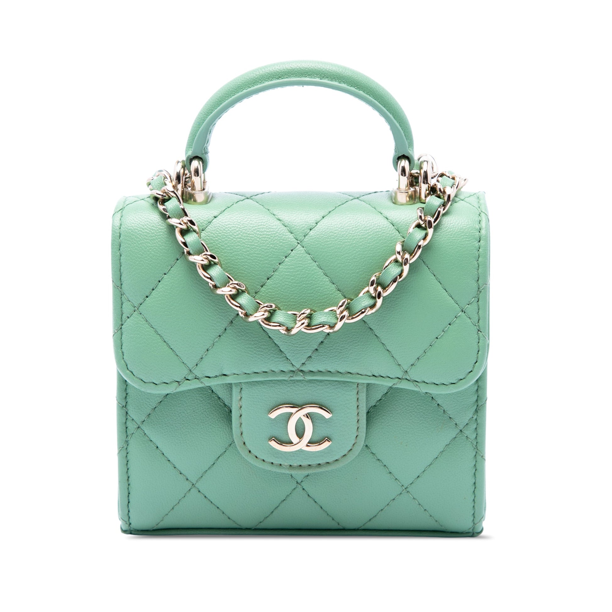 Chanel CC Quilted Lambskin Top Handle Flap Coin Purse with Chain