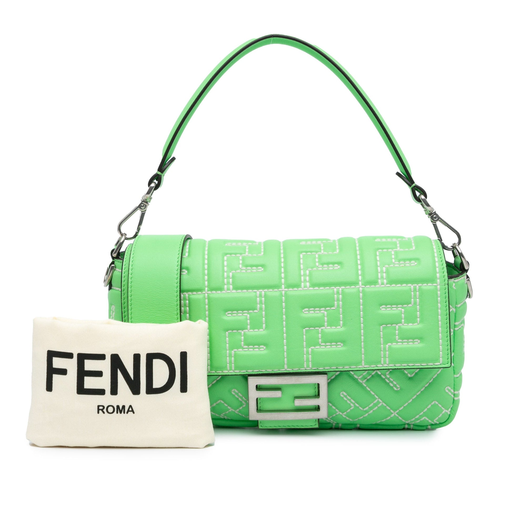 Fendi Zucca Embossed Stitched Leather Baguette Satchel