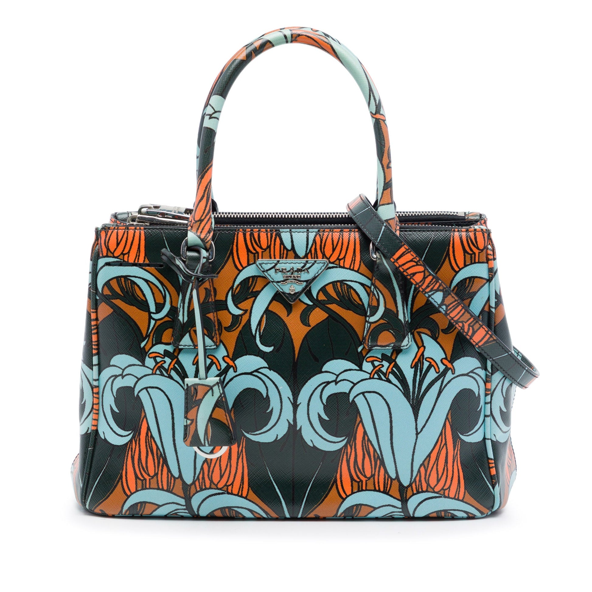 Prada Small Saffiano Lux Galleria Lily Print Double Zip Satchel