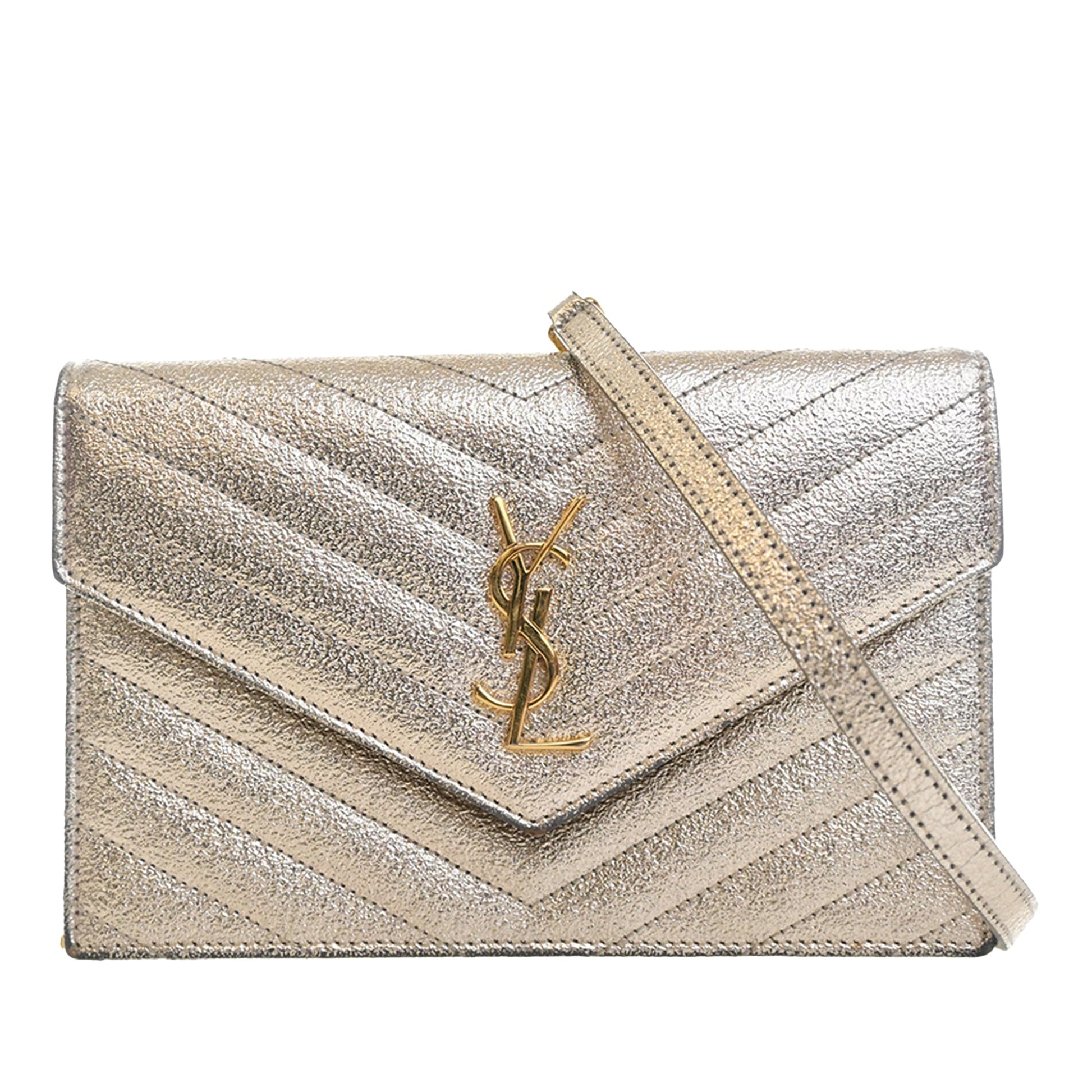 Saint Laurent Metallic Crackled Chevron Calfskin Monogram Envelope Chain Wallet
