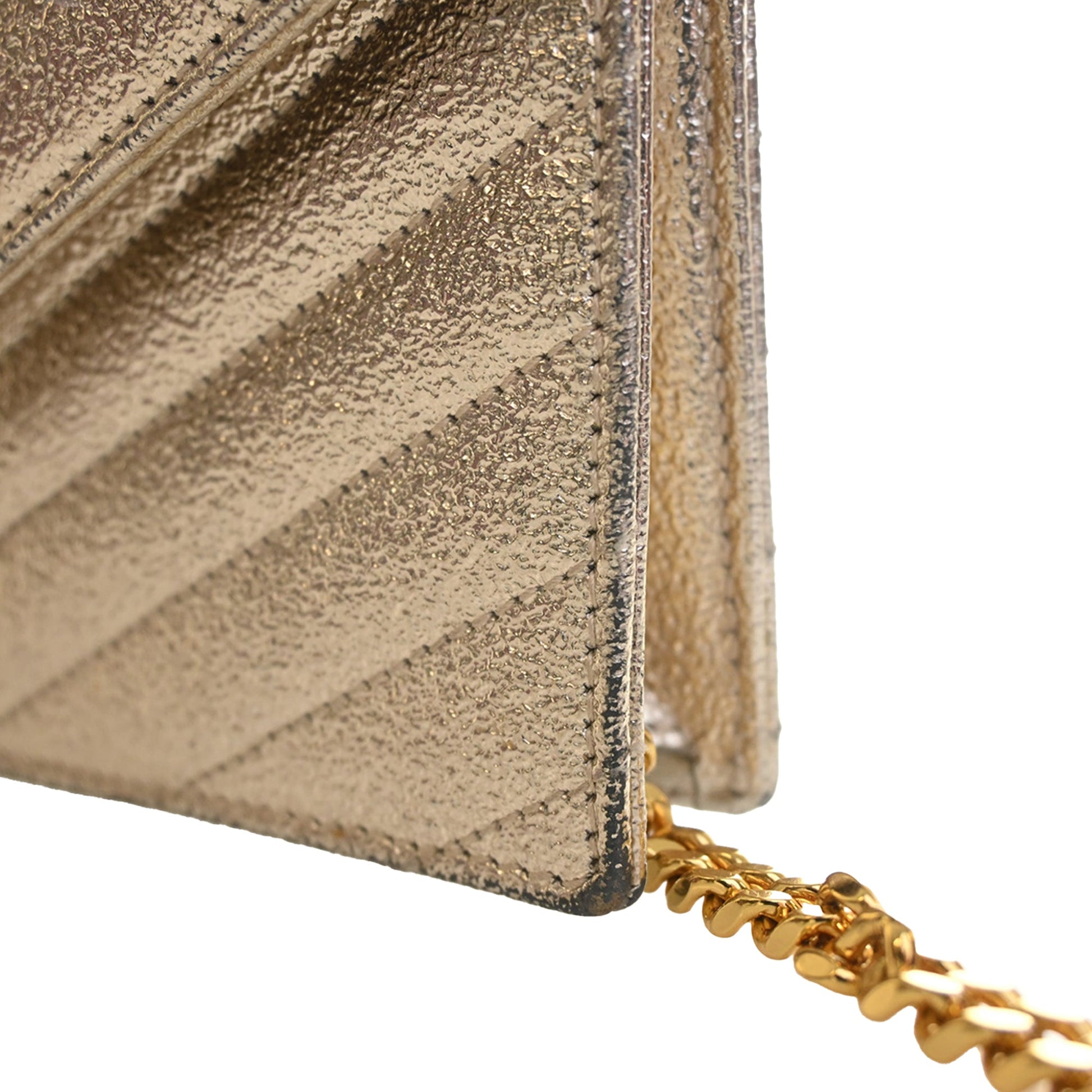 Saint Laurent Metallic Crackled Chevron Calfskin Monogram Envelope Chain Wallet