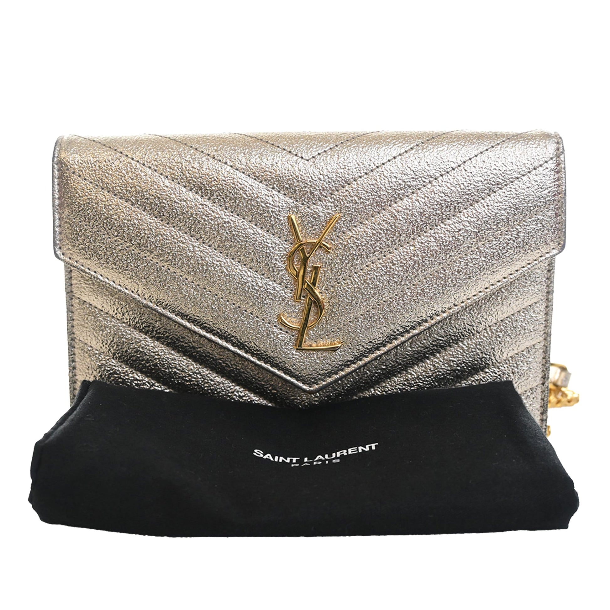 Saint Laurent Metallic Crackled Chevron Calfskin Monogram Envelope Chain Wallet