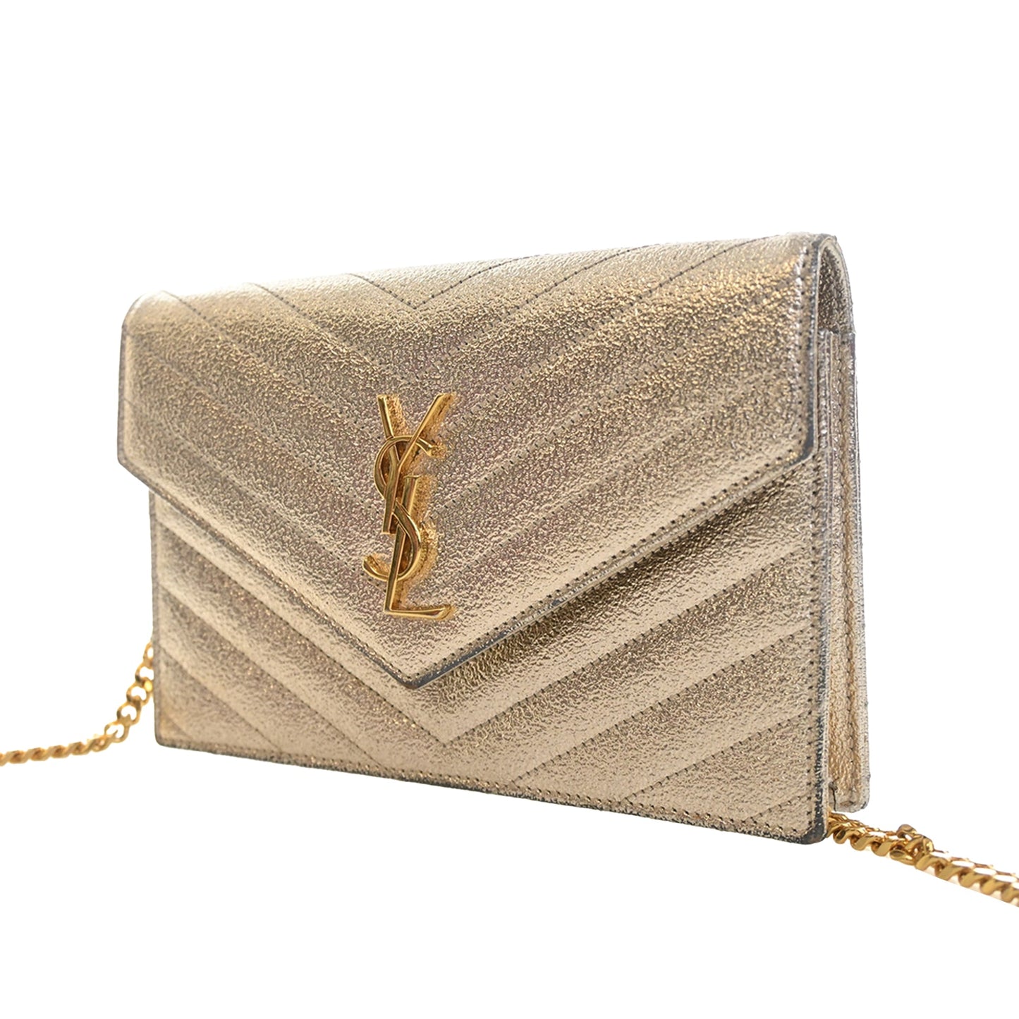 Saint Laurent Metallic Crackled Chevron Calfskin Monogram Envelope Chain Wallet