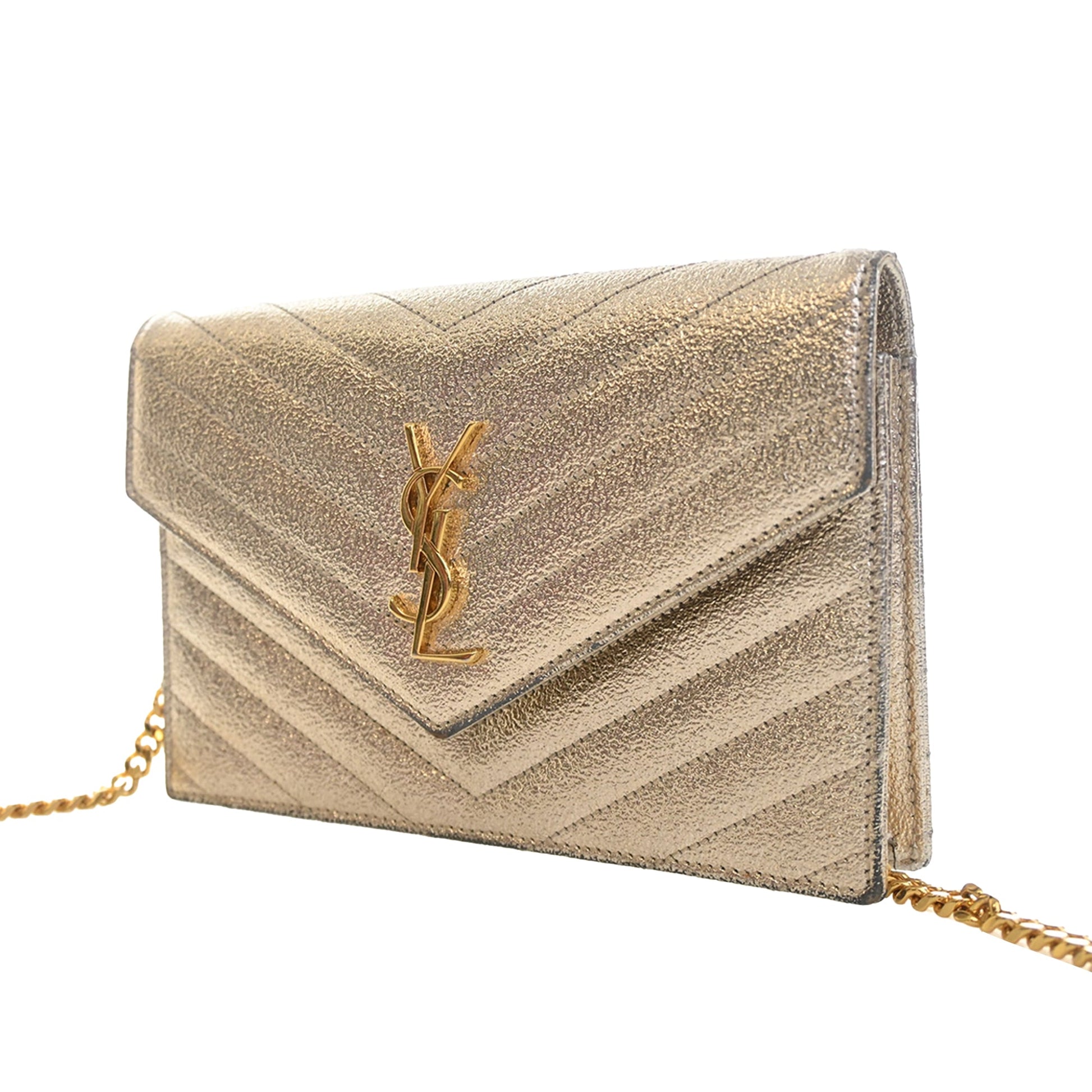 Saint Laurent Metallic Crackled Chevron Calfskin Monogram Envelope Chain Wallet