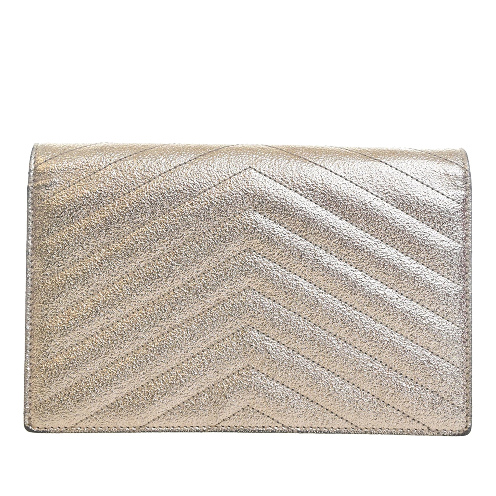 Saint Laurent Metallic Crackled Chevron Calfskin Monogram Envelope Chain Wallet