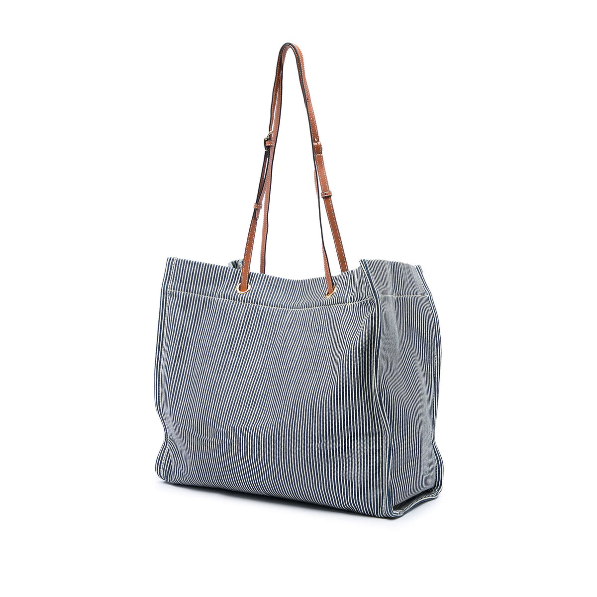 Celine Striped Textile and Calfskin Squared Cabas Tote