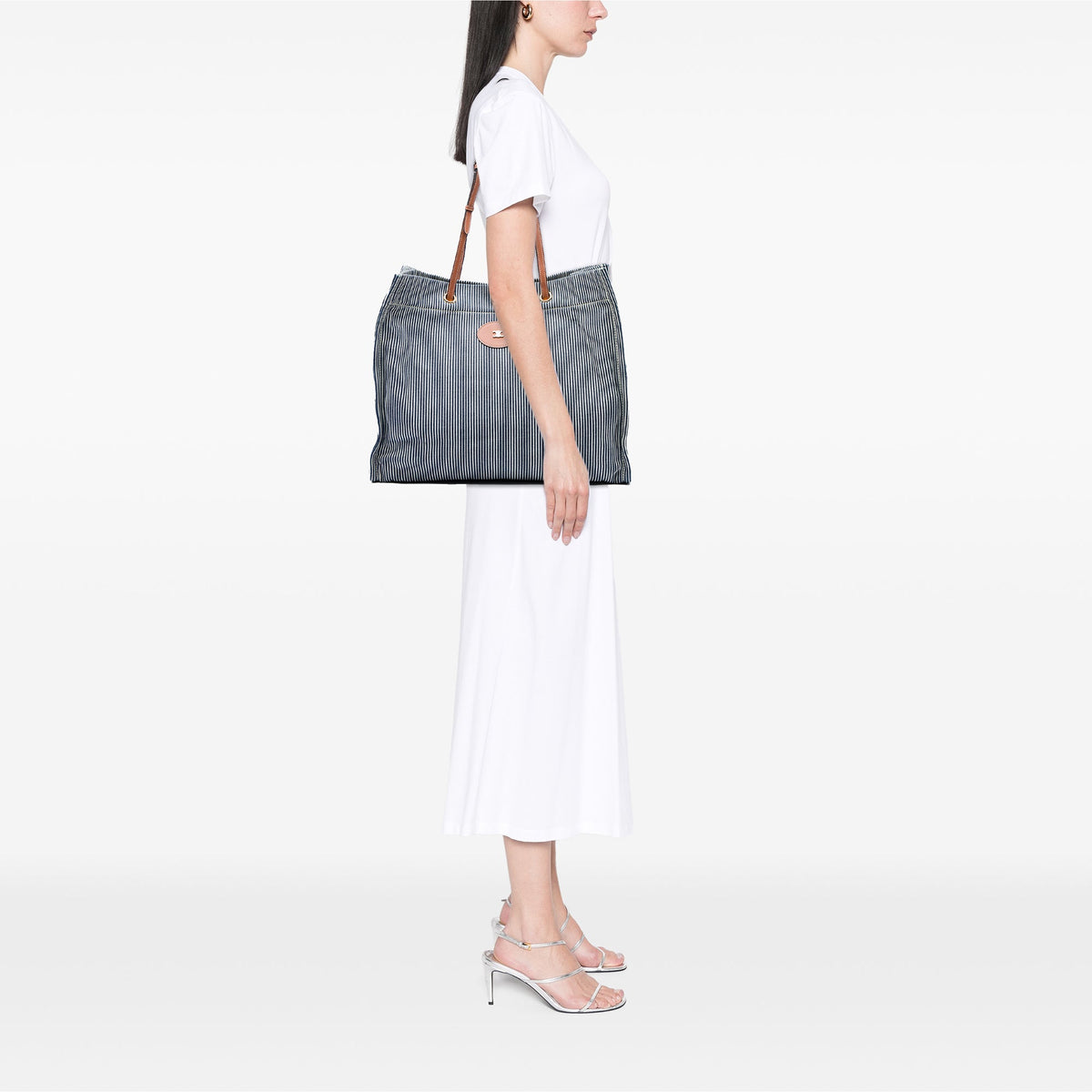 Celine Striped Textile and Calfskin Squared Cabas Tote