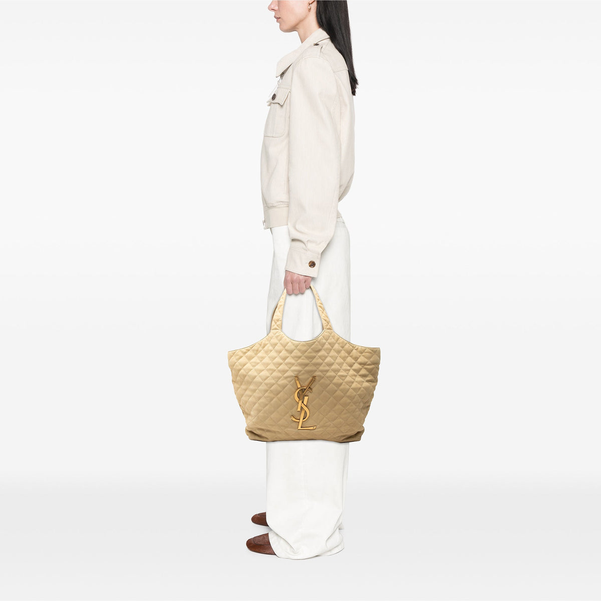 Saint Laurent Maxi Quilted Nubuck Icare Shopping Tote — Beige