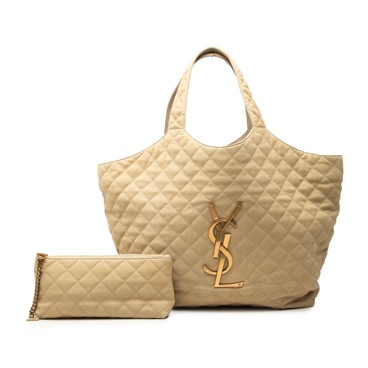 Saint Laurent Maxi Quilted Nubuck Icare Shopping Tote — Beige