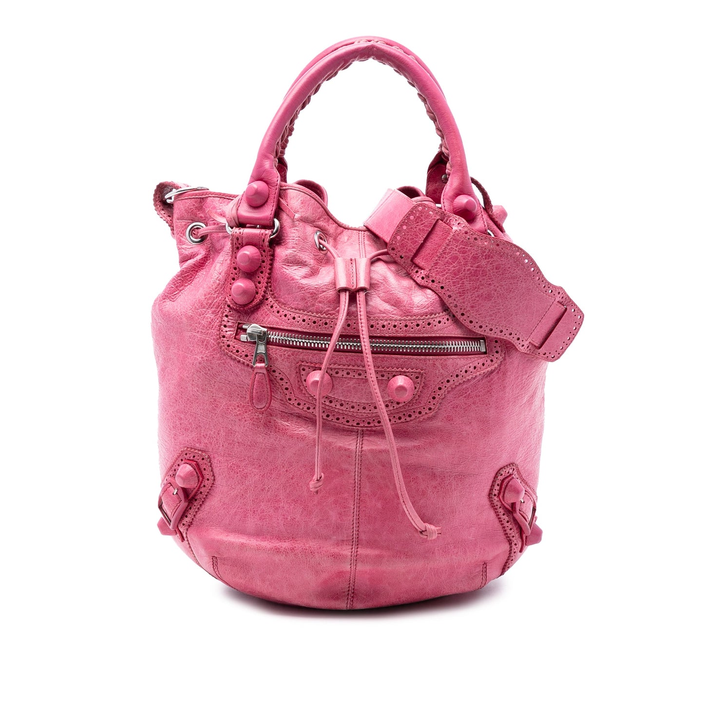 Balenciaga Lambskin Motocross Giant Brogues Pompon Bucket Bag
