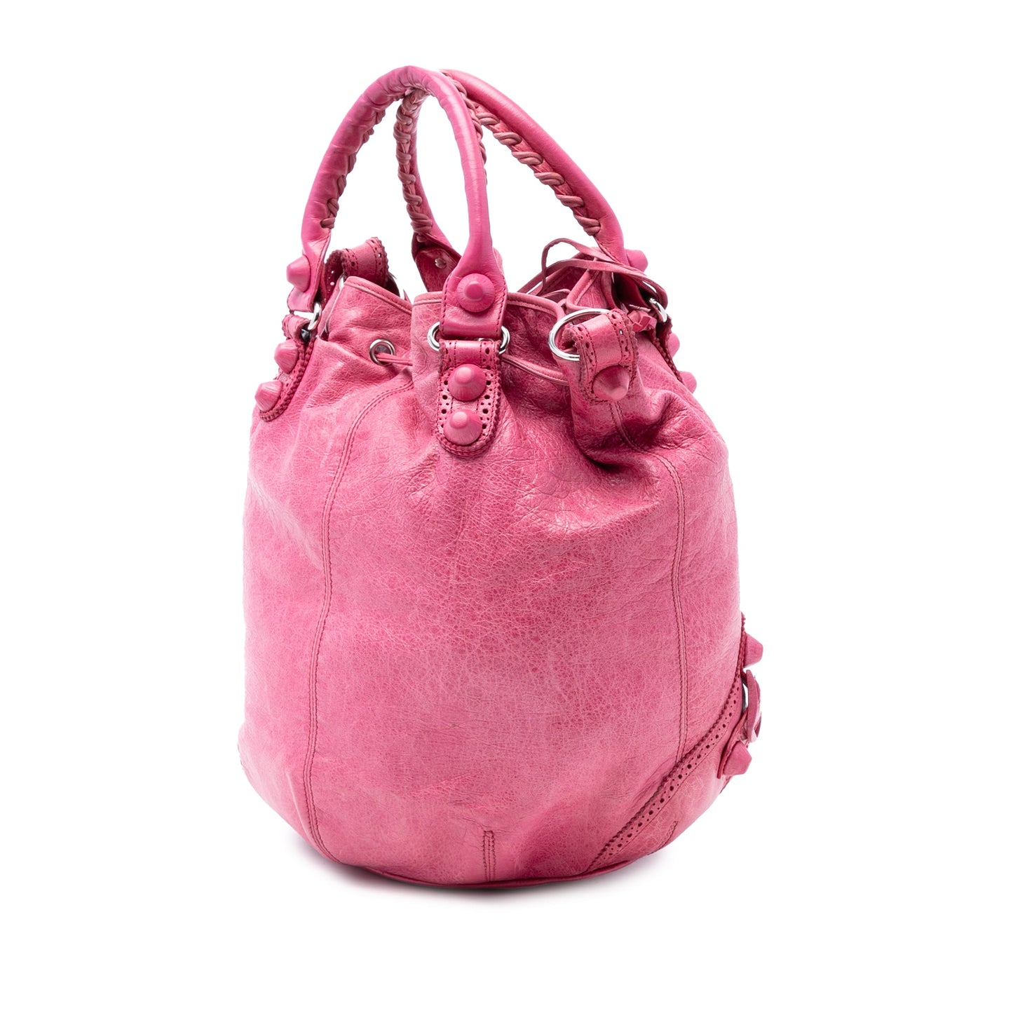 Balenciaga Lambskin Motocross Giant Brogues Pompon Bucket Bag