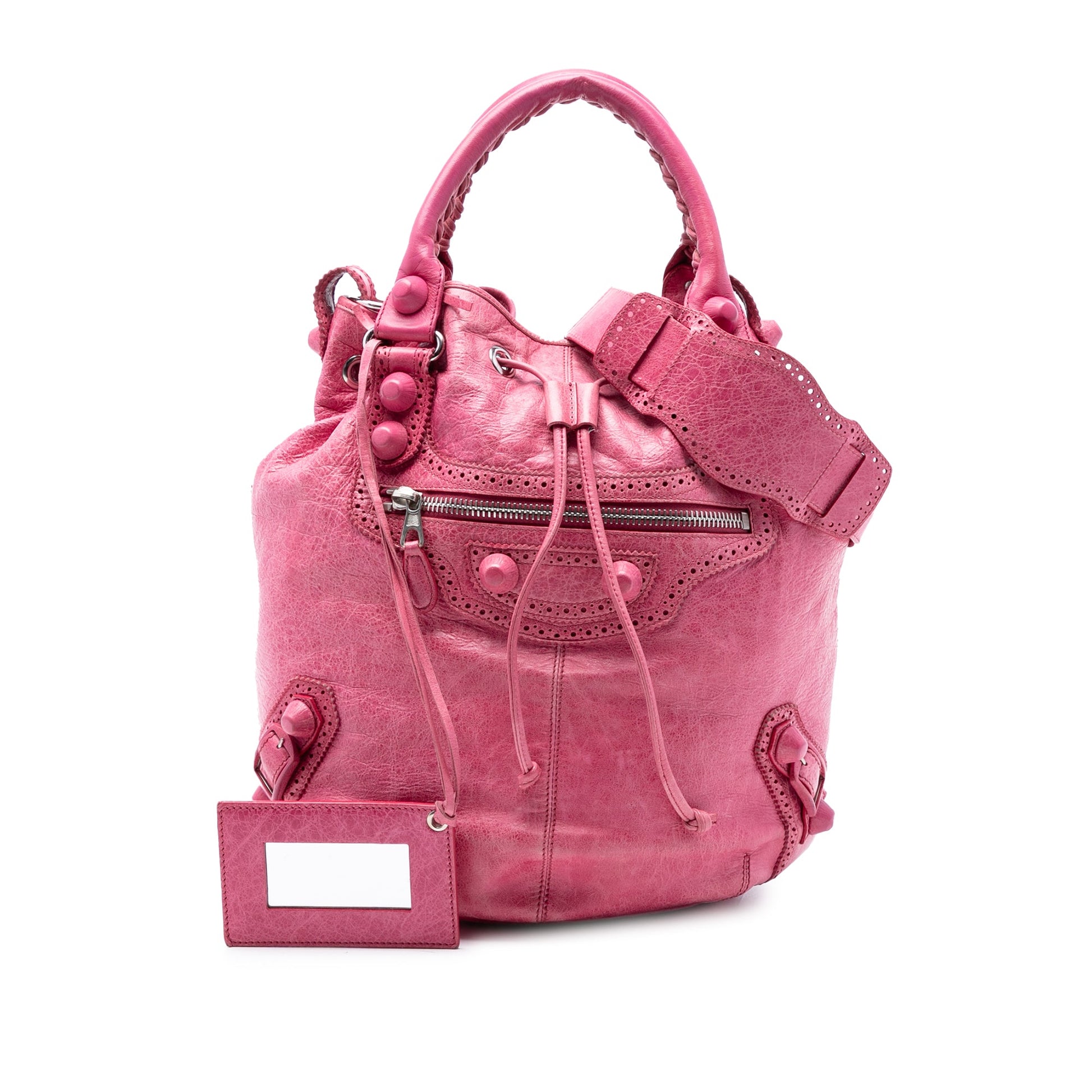 Balenciaga Lambskin Motocross Giant Brogues Pompon Bucket Bag