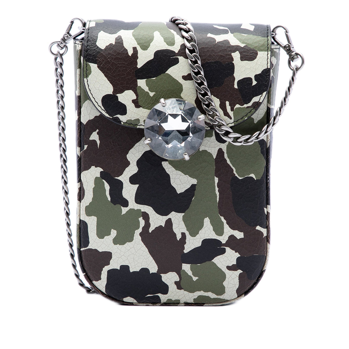 Miu Miu Crystal Embellished Camouflage Print Calfskin Phone Case Crossbody — Green